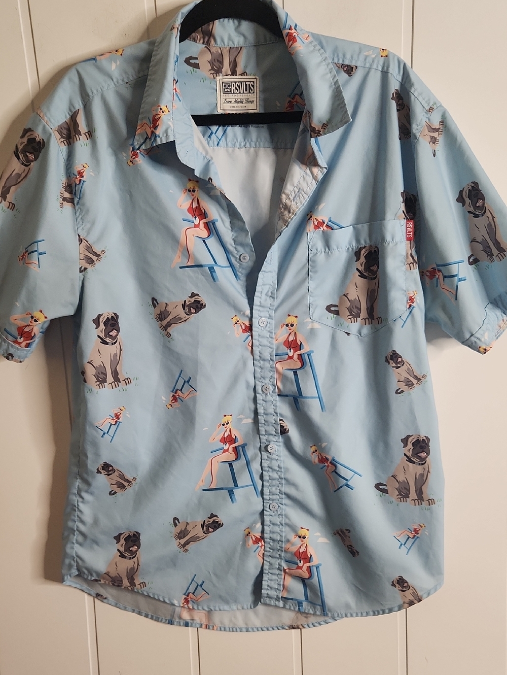 Vintage RSVLTS Light Blue Short-Sleeve Printed Dogs And Women Summer Men's Shirt